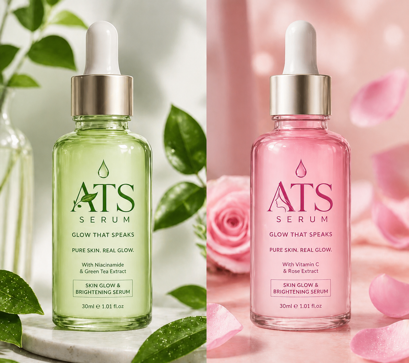 5in1 whitening serum beside skin glow and brightening serum in green and pink bottles with droppers.